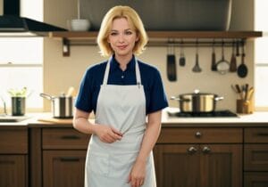 Smiling woman in a kitchen wearing a white apron and blue shirt standing in front of wooden cabinets and cooking