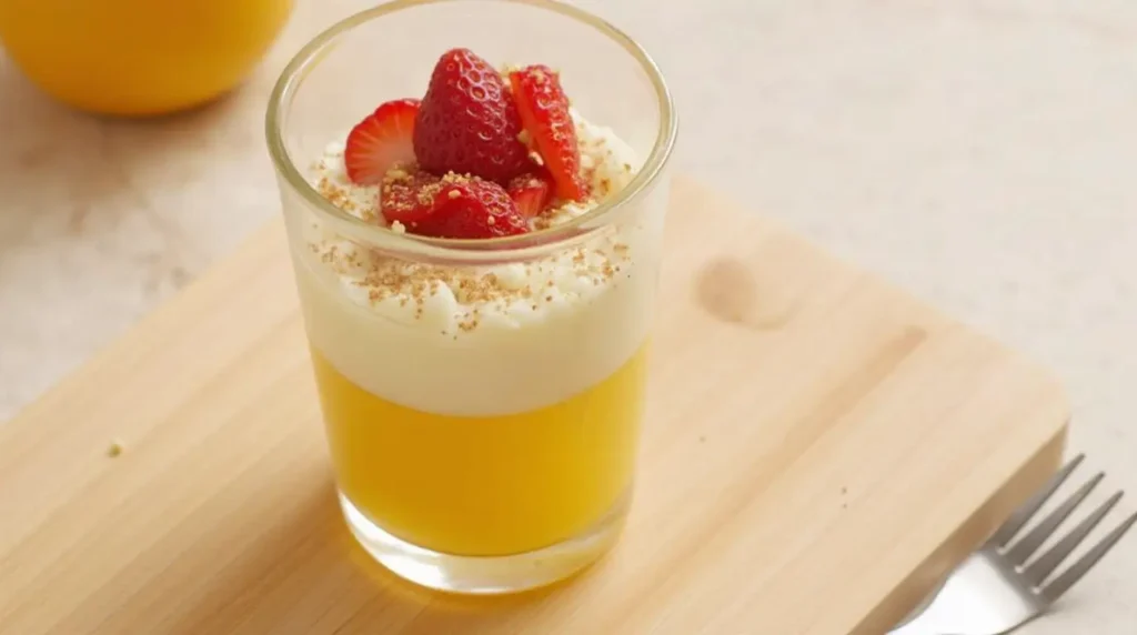 Breakfast Shot Recipe Glass dessert cup with a layer of yellow mango jelly, topped with whipped cream, crushed graham crackers, and fresh strawberry slices, placed on a wooden board