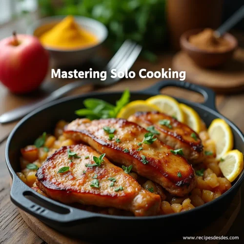 Freshly prepared apple breakfast dish with glazed chicken served in a black skillet, garnished with fresh herbs and lemon slices.