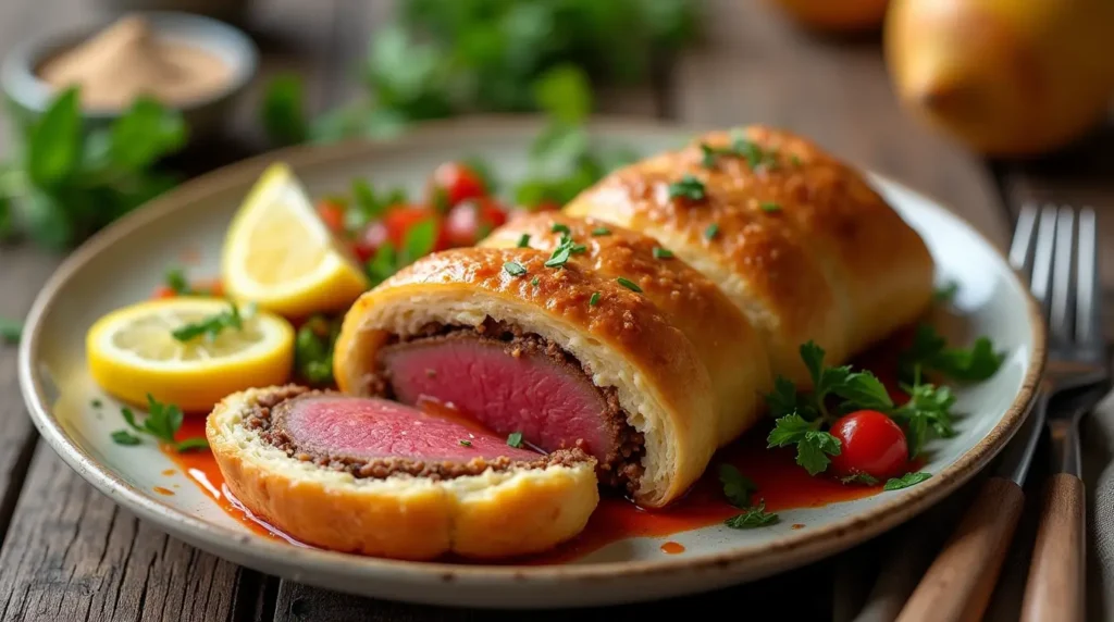 Freshly baked crescent roll wrapped beef dish served with lemon slices, cherry tomatoes, and parsley on a rustic wooden table