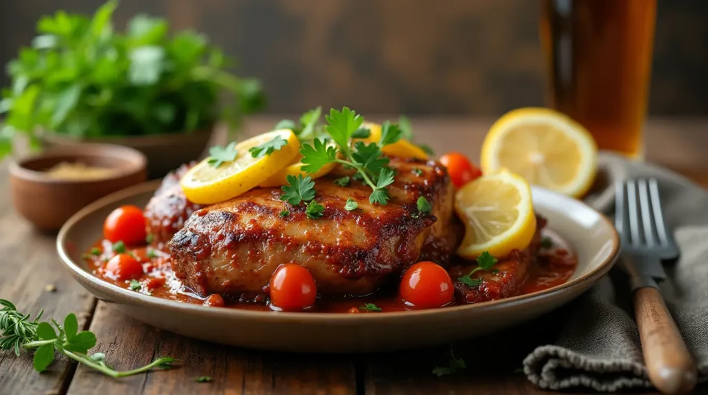 A beautifully plated dish of glazed chicken topped with fresh lemon slices and parsley, surrounded by cherry tomatoes and garnished with herbs.