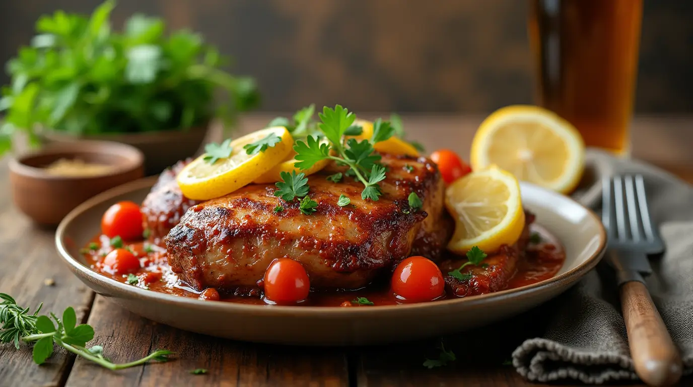 A beautifully plated dish of glazed chicken topped with fresh lemon slices and parsley, surrounded by cherry tomatoes and garnished with herbs.