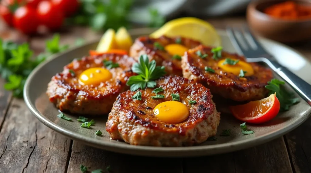 A plate of delicious breakfast patties topped with sunny-side-up quail eggs, garnished with fresh parsley and served with tomato slices and lemon wedges