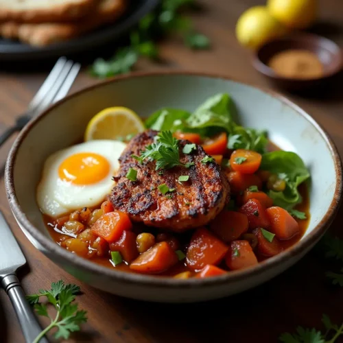 A vibrant breakfast bowl featuring a grilled meat patty, sunny-side-up egg, fresh cherry tomatoes, lettuce, and a lemon slice, garnished with herbs.