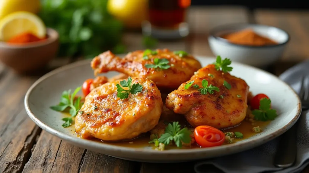 Freshly prepared chicken breakfast recipe served on a plate with garnishes of parsley, cherry tomatoes, and a flavorful sauce.