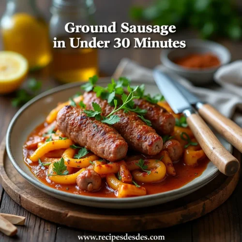 A plate of freshly cooked ground sausage served with yellow bell peppers in a rich tomato-based sauce, garnished with parsley, accompanied by a knife and fork on a rustic wooden surface.