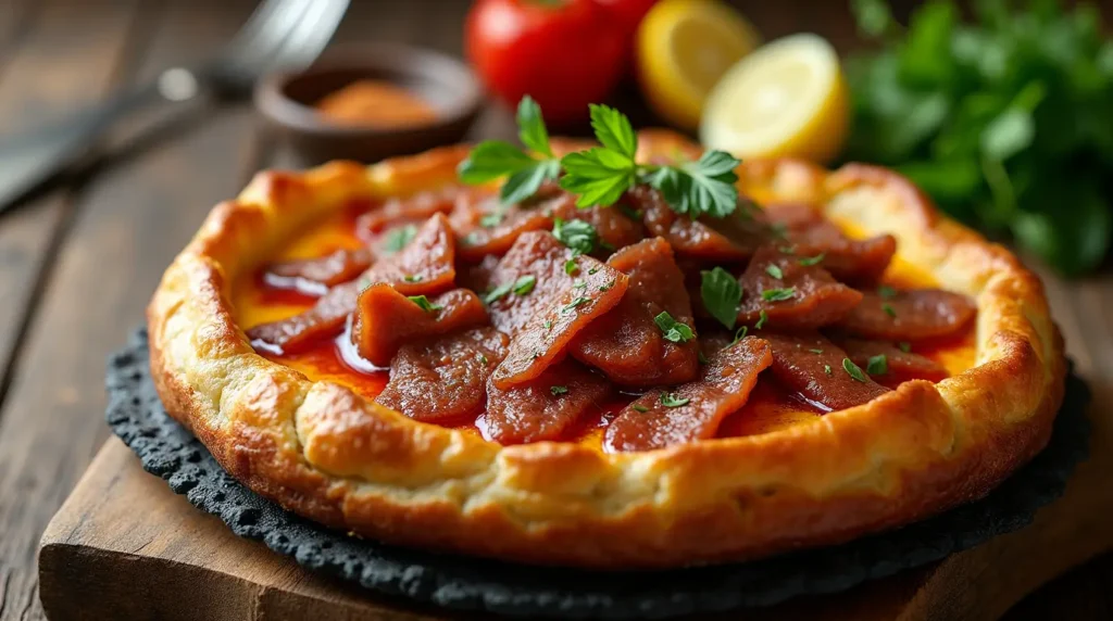 A golden puff pastry topped with savory slices of sausage in a rich tomato sauce, garnished with fresh parsley, set on a rustic wooden board.
