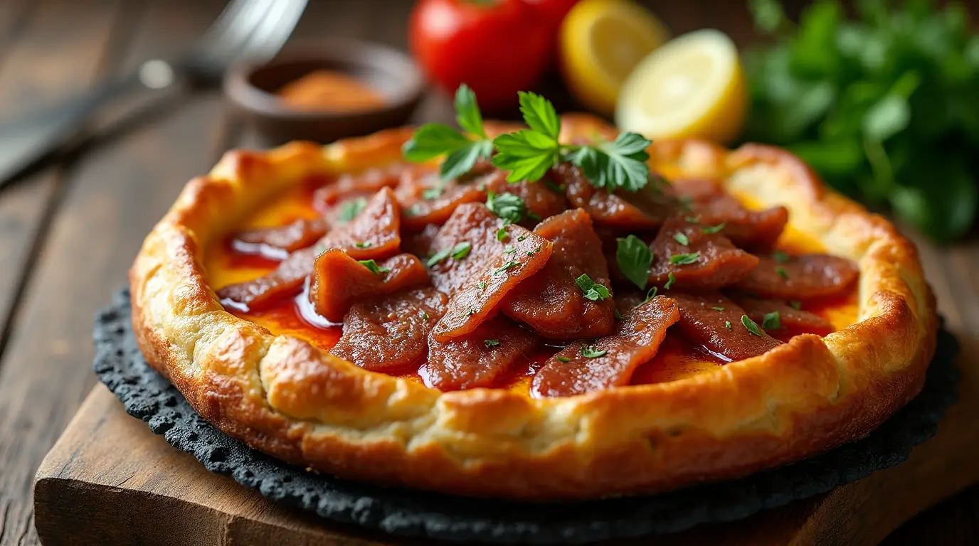 A golden puff pastry topped with savory slices of sausage in a rich tomato sauce, garnished with fresh parsley, set on a rustic wooden board.
