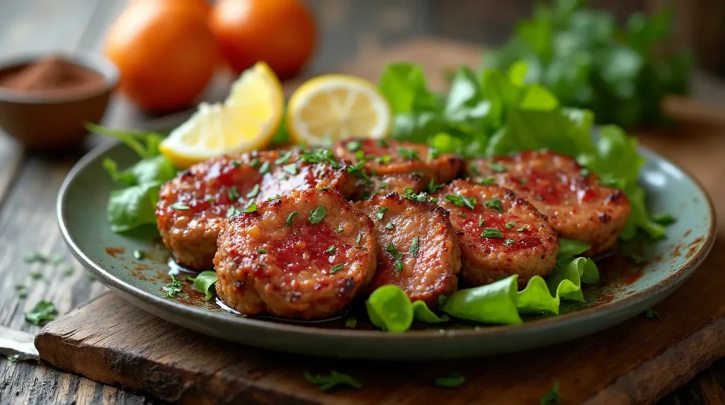 A plate of glazed vegan breakfast sausages garnished with fresh herbs and served on a bed of green lettuce leaves, with lemon wedges on the side. The background includes fresh oranges and a wooden surface.