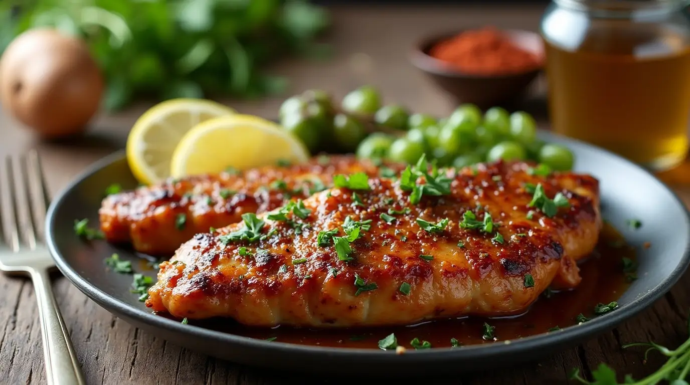 A close-up of a freshly prepared Weight Watchers dinner recipe featuring grilled chicken seasoned with herbs and spices, garnished with parsley, and served with lemon slices and green grapes.