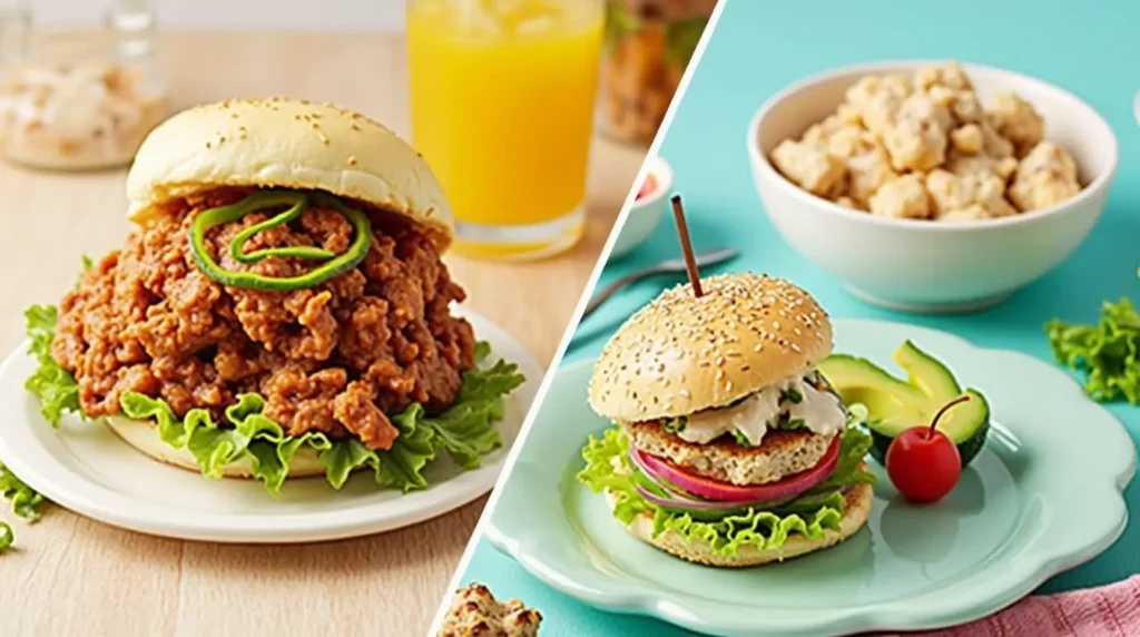 Two different burgers: one sloppy joe with lettuce and a jalapeño garnish, and another with a grilled chicken patty, avocado slices, and fresh vegetables, served on a sesame bun.