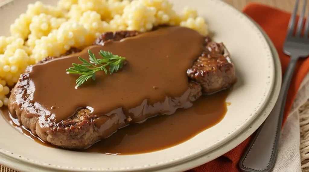 A plate of Salisbury steak topped with savory brown gravy, accompanied by a side of pearl couscous, garnished with a sprig of fresh parsley