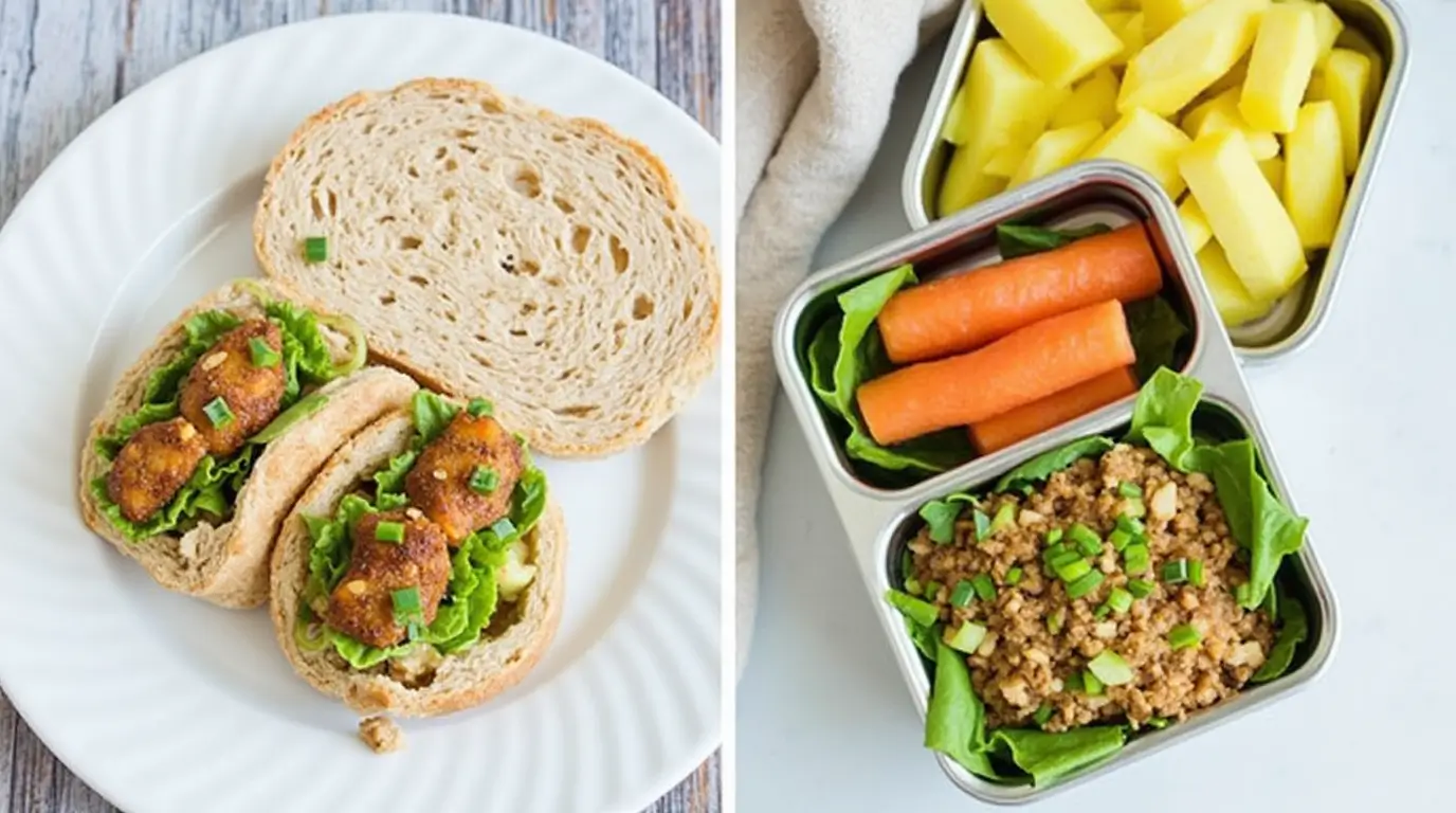 Two side-by-side images showcasing gluten-free lunch ideas. The left image displays a sandwich made with gluten-free bread, lettuce, and bite-sized seasoned protein pieces, garnished with green onions. The right image features a lunchbox containing fresh pineapple slices, whole carrots, and a lettuce-based dish topped with seasoned ground protein and green onions.