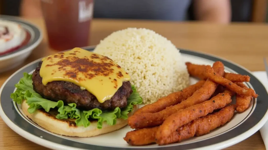 A plate featuring a cheeseburger patty with melted cheese on a lettuce-lined bun, a mound of steamed rice, and crispy fried carrot sticks served as a side, accompanied by a beverage in the background