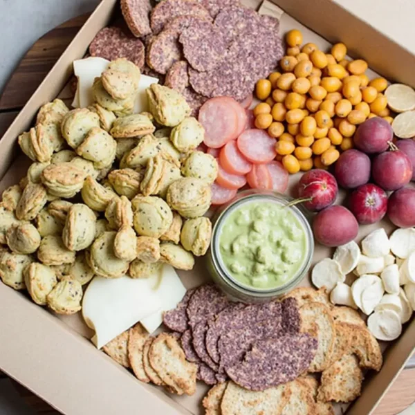 Charcuterie box with assorted snacks including puff pastries, crackers, guacamole, radishes, cheese, and sausage slices.