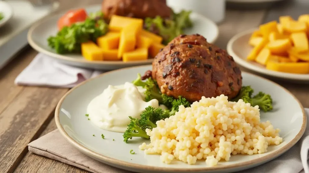 A plate featuring a flavorful meatball, creamy couscous, fresh greens, and diced cheddar cheese, perfect for a high-protein dinner