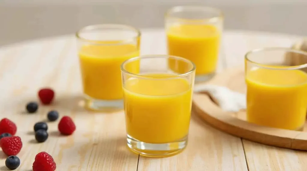 Four glasses of bright orange breakfast shots on a wooden table, garnished with fresh raspberries and blueberries.