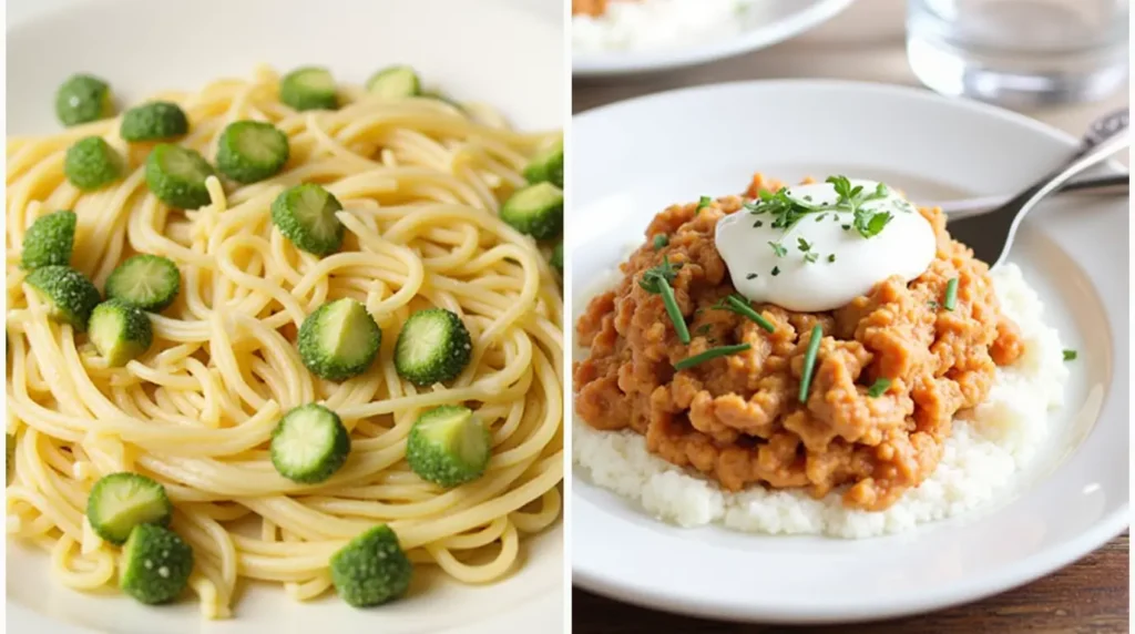 Two Weight Watchers dinner recipes: a plate of spaghetti garnished with fresh green cucamelons and a dish of creamy mashed cauliflower topped with hearty red lentil stew and a dollop of yogurt, garnished with fresh herbs