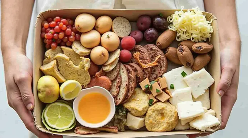 A colorful assortment of fresh fruits, cheeses, bread slices, and small treats in a rectangular box