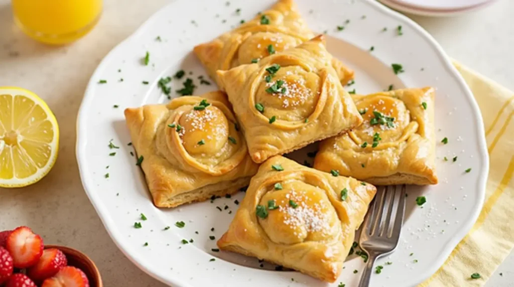 Golden puff pastry squares topped with eggs, garnished with fresh herbs and powdered sugar, served on a white plate