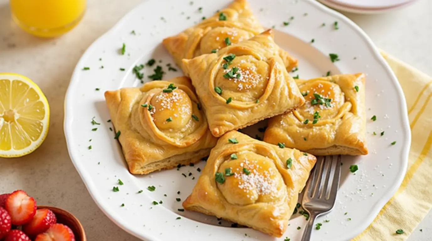 Golden puff pastry squares topped with eggs, garnished with fresh herbs and powdered sugar, served on a white plate