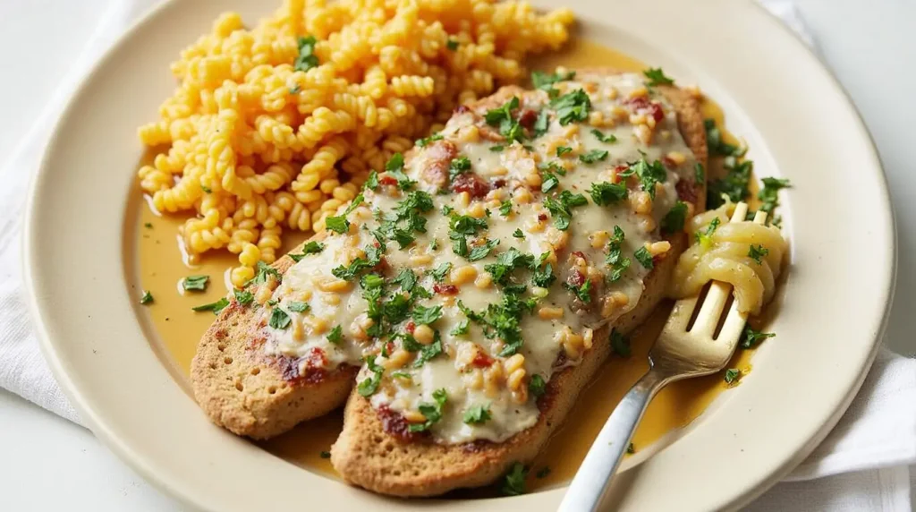 A plate with pasta, a piece of grilled chicken covered in creamy sauce and topped with pine nuts, garnished with fresh parsley