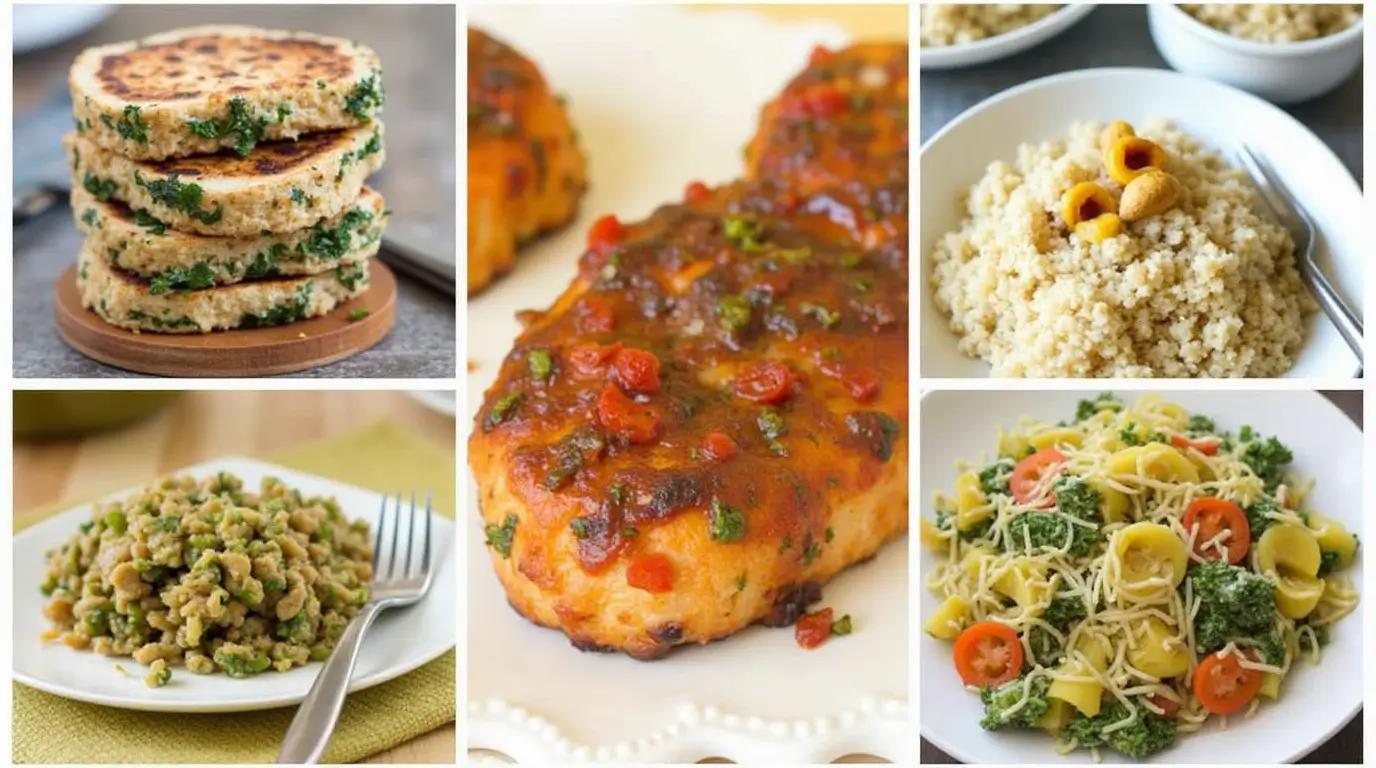 A collection of AIP-friendly dinner dishes including savory patties, chicken with a tangy sauce, quinoa, pasta with vegetables, and a creamy cashew garnish