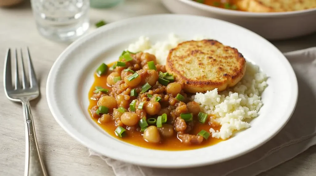 A plate of AIP-friendly stew with meat, served with cauliflower rice and a crispy side of baked bread, topped with fresh green onions