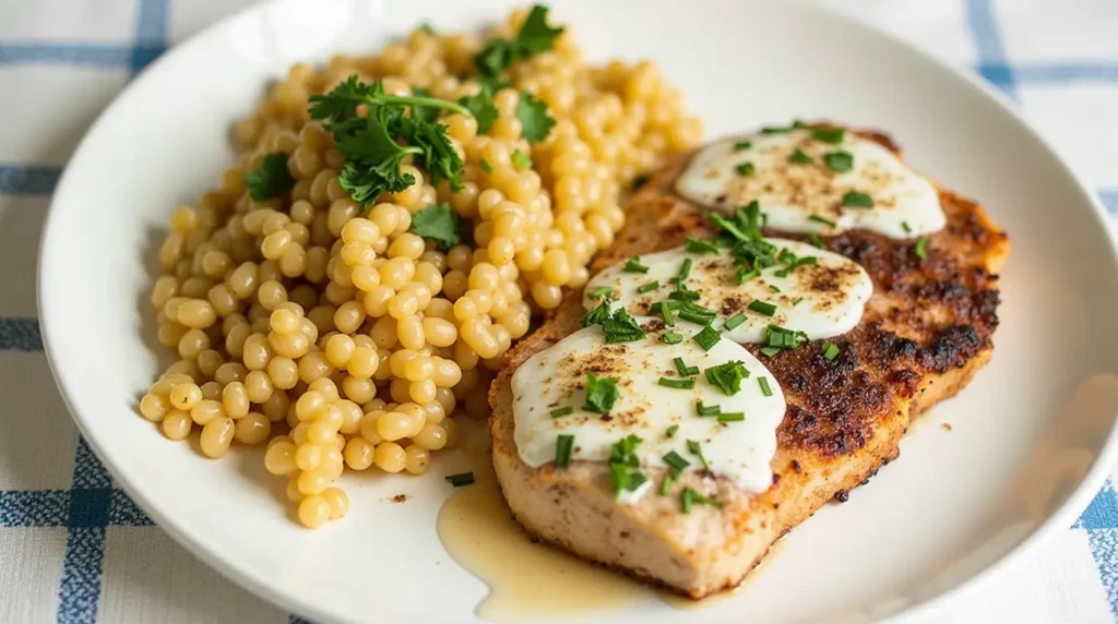 A plate of grilled chicken with couscous and herbs