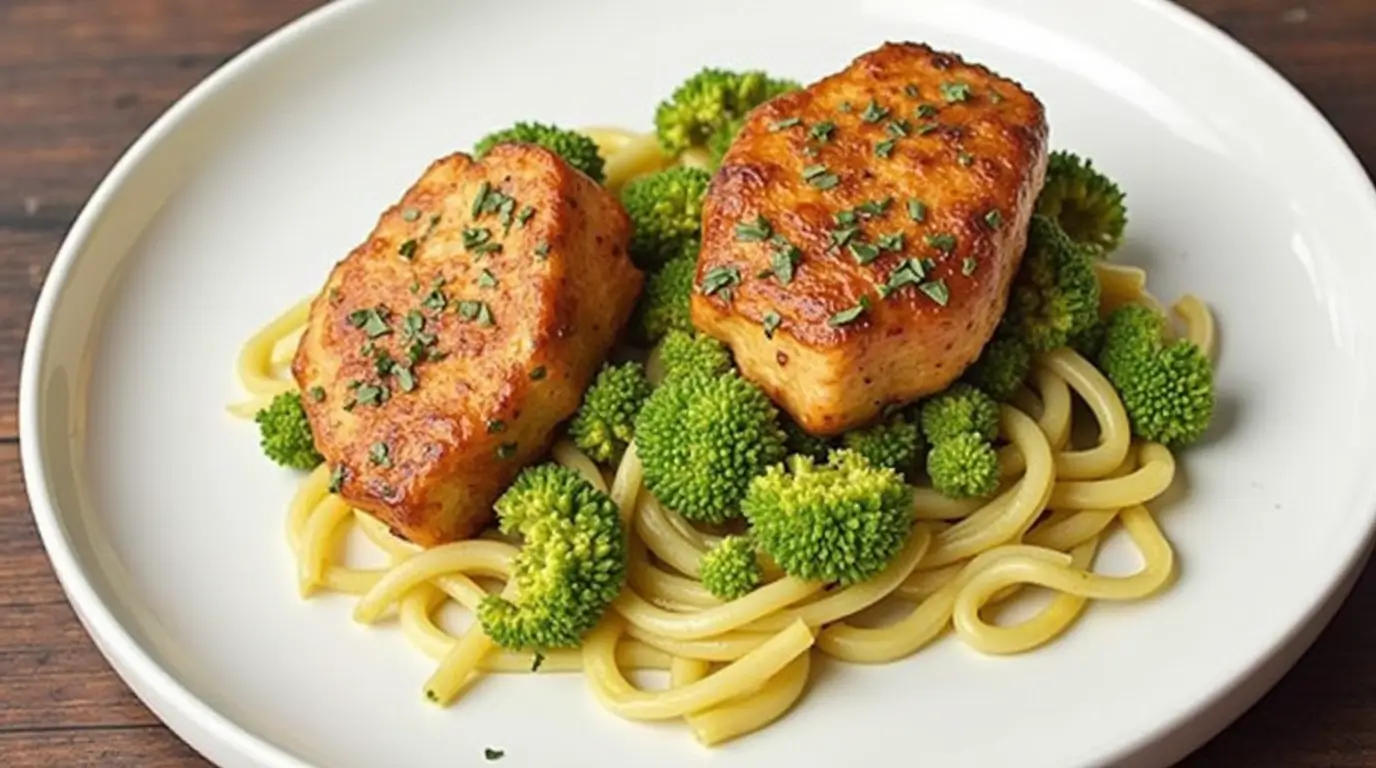 A plate of pasta with grilled tofu, broccoli, and herbs