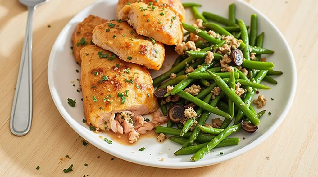 A plate of baked salmon fillets, topped with fresh parsley, served alongside green beans and sautéed mushrooms