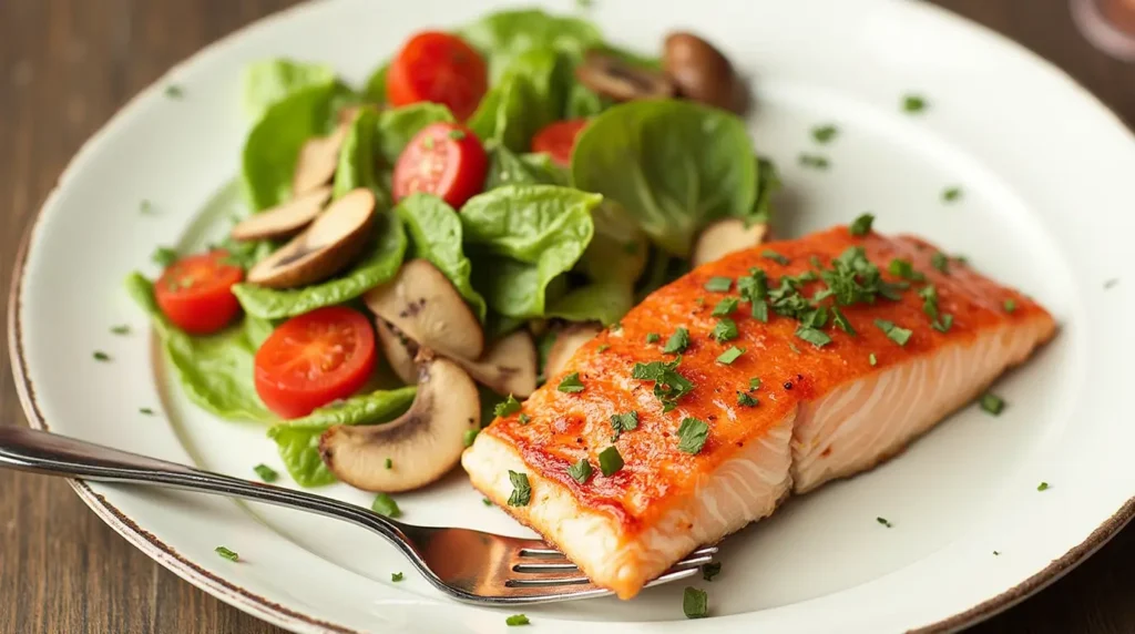 A plate featuring a baked salmon fillet garnished with fresh herbs, served alongside a salad of lettuce, cherry tomatoes, and sliced mushrooms