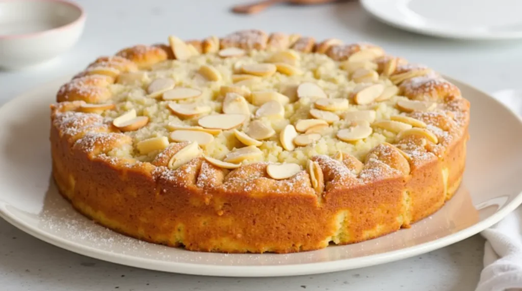 Almond nut cake topped with slivered almonds and powdered sugar, freshly baked and placed on a plate