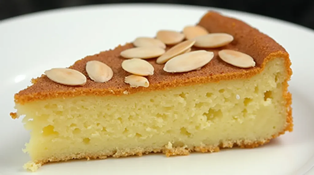 A slice of almond nut cake topped with slivered almonds, showing a soft and moist interior