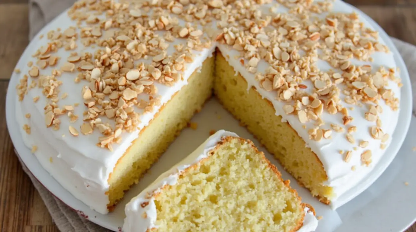 Almond nut cake with a white glaze and slivered almonds on top, sliced to show the moist interior.