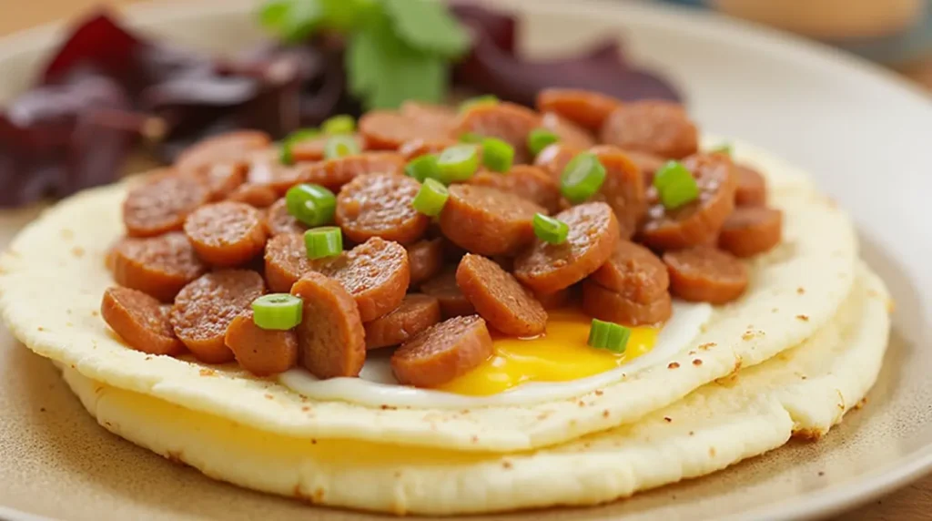 Breakfast flatbread topped with sliced sausage, a sunny-side-up egg, and green onions, served on a beige plate