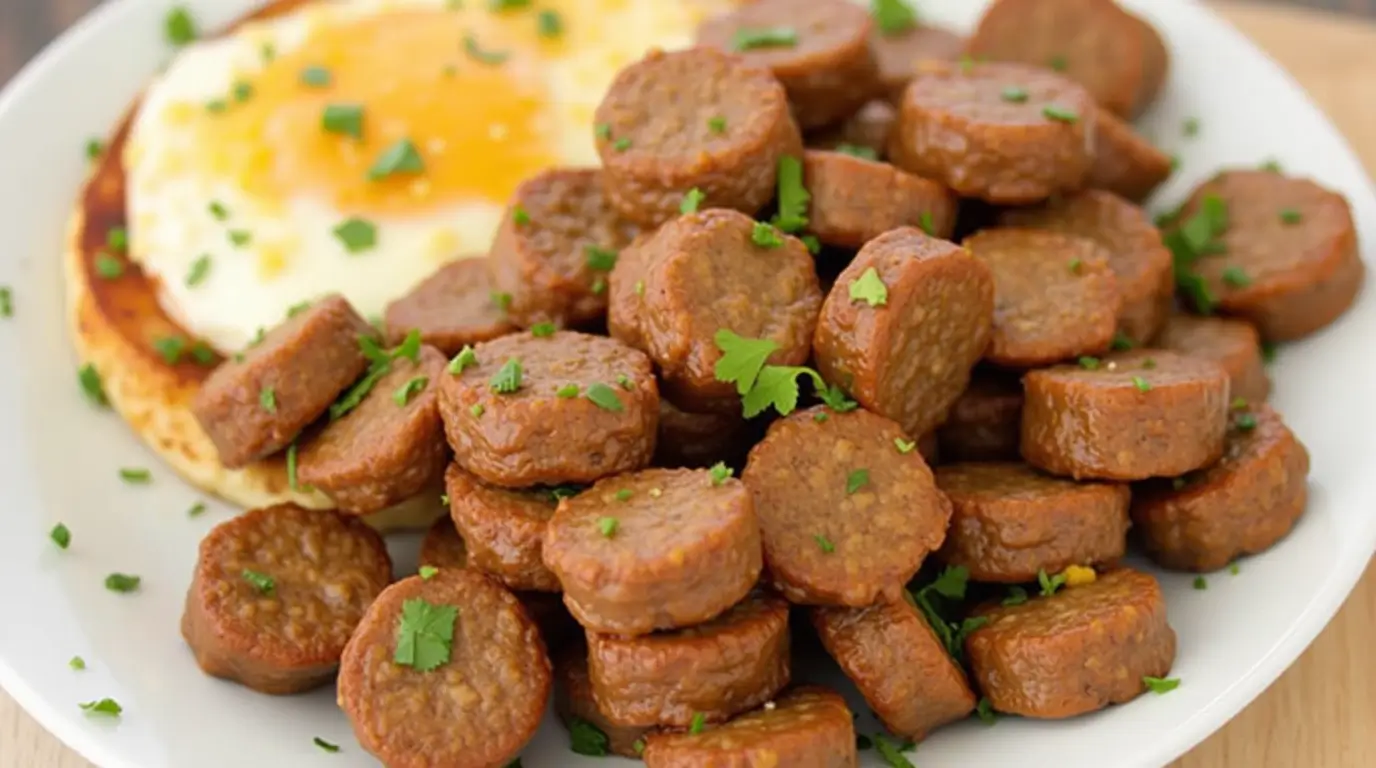 Homemade sausage bites served on a plate with fried egg and garnished with parsley, perfect for breakfast