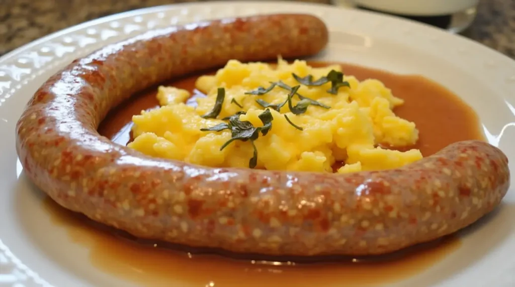 Homemade sausage ring served with scrambled eggs and garnished with fresh herbs on a white plate