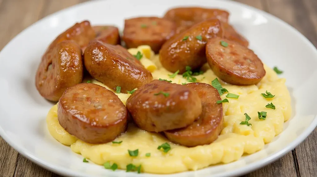 Sliced sausage pieces served on a creamy bed of mashed potatoes, garnished with fresh parsley on a white plate