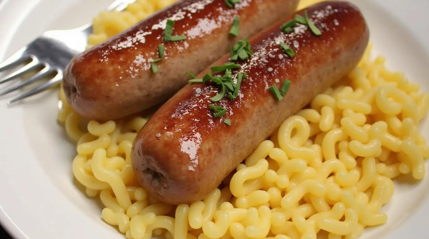 Two golden brown sausages garnished with fresh herbs, served on a bed of creamy macaroni, with a fork placed beside the dish