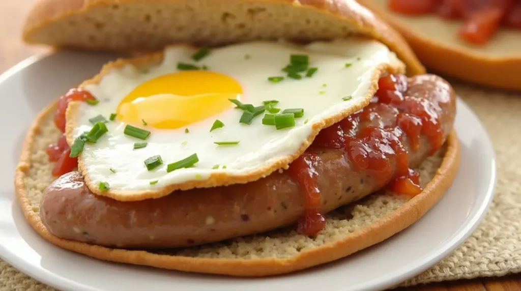 A breakfast sandwich featuring a juicy sausage, sunny-side-up egg, and savory tomato relish, garnished with fresh chives, served on a soft bun