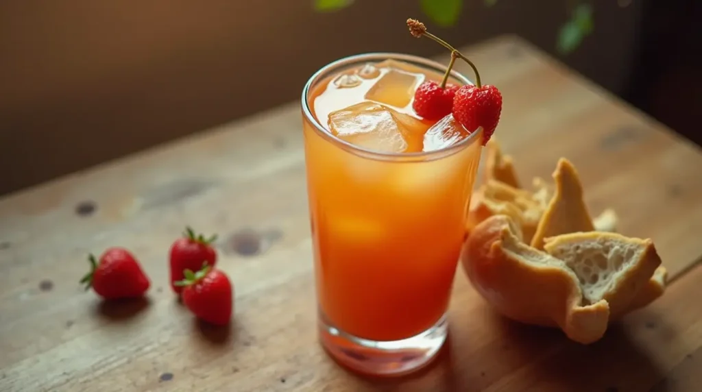 Refreshing orange breakfast drink served in a glass with ice, garnished with cherries, alongside fresh strawberries and crusty bread on a wooden table