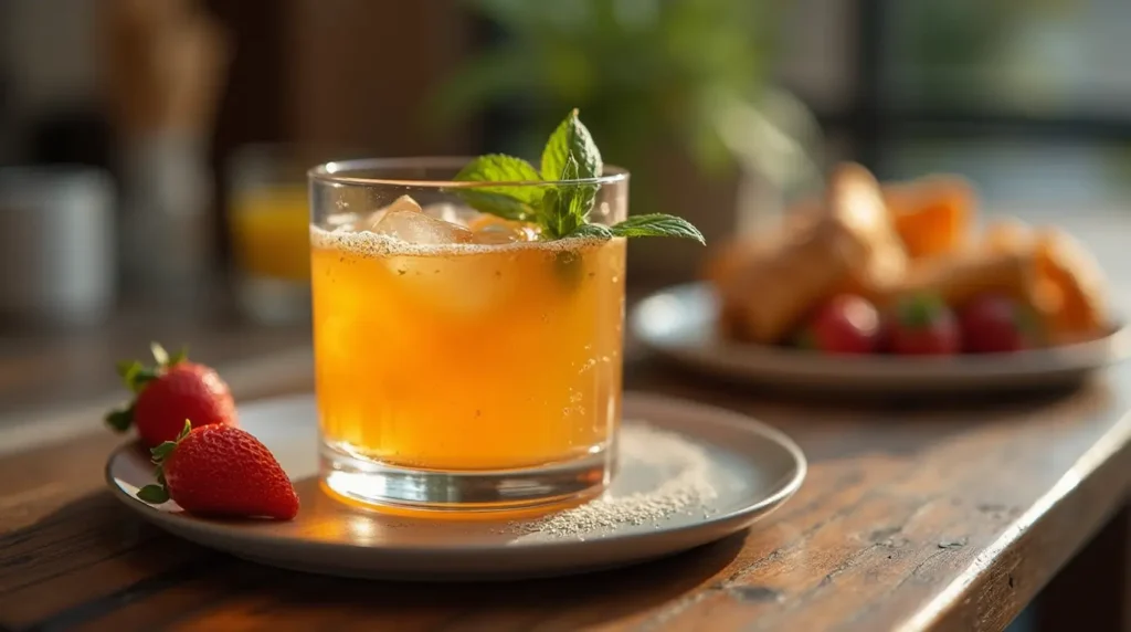 Bright orange breakfast shot drink garnished with fresh mint, served in a clear glass with ice, accompanied by strawberries on a plate