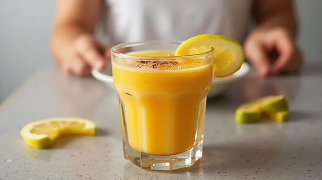 A refreshing breakfast shot drink in a glass, garnished with a lemon slice and sprinkled with cinnamon, served on a table with citrus slices in the background