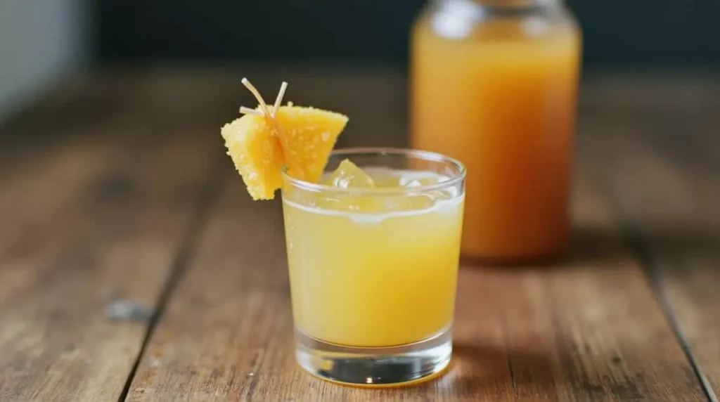 A fresh orange breakfast shot drink in a short glass with ice, garnished with sugared orange wedges on a wooden table, with a bottle of the same drink in the background