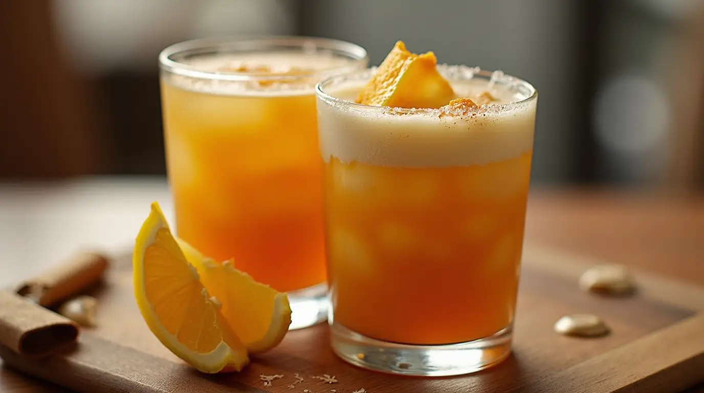 A refreshing breakfast shot drink served in two glasses, garnished with orange slices and cinnamon, on a wooden board