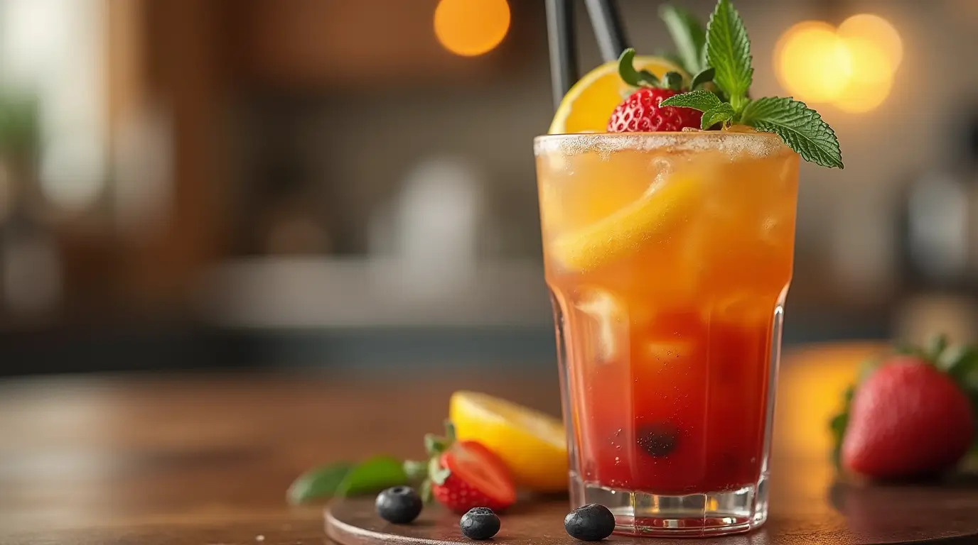 Refreshing orange and red breakfast drink garnished with mint, strawberry, and orange slice, served in a glass with ice on a wooden table