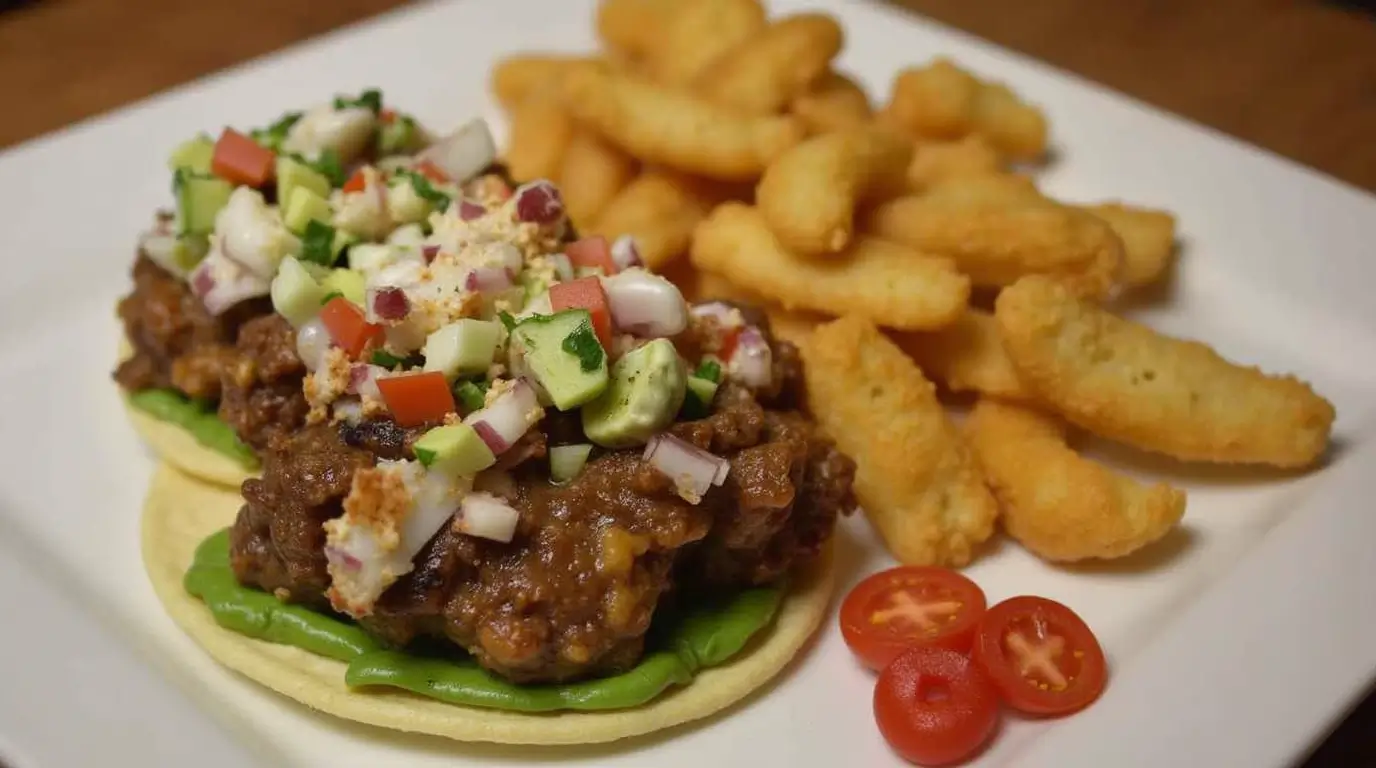 A plate featuring two carnitas tostadas topped with diced avocado, tomatoes, and onions, served alongside crispy golden fries and sliced cherry tomatoes