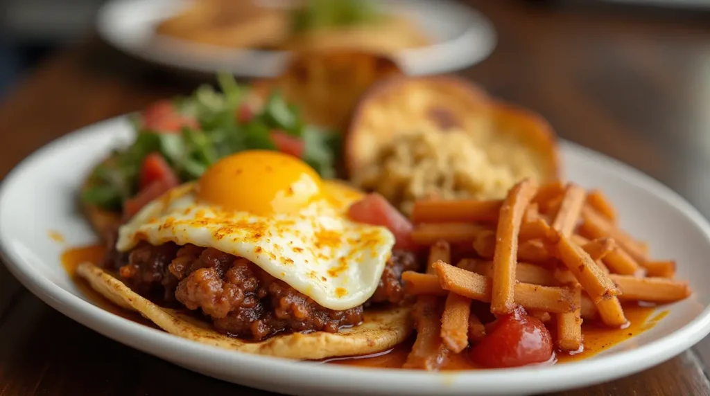 A hearty breakfast plate featuring a sunny-side-up egg on a bed of spiced carnitas, served on a tortilla, accompanied by sweet potato fries, a fresh salad, and other sides