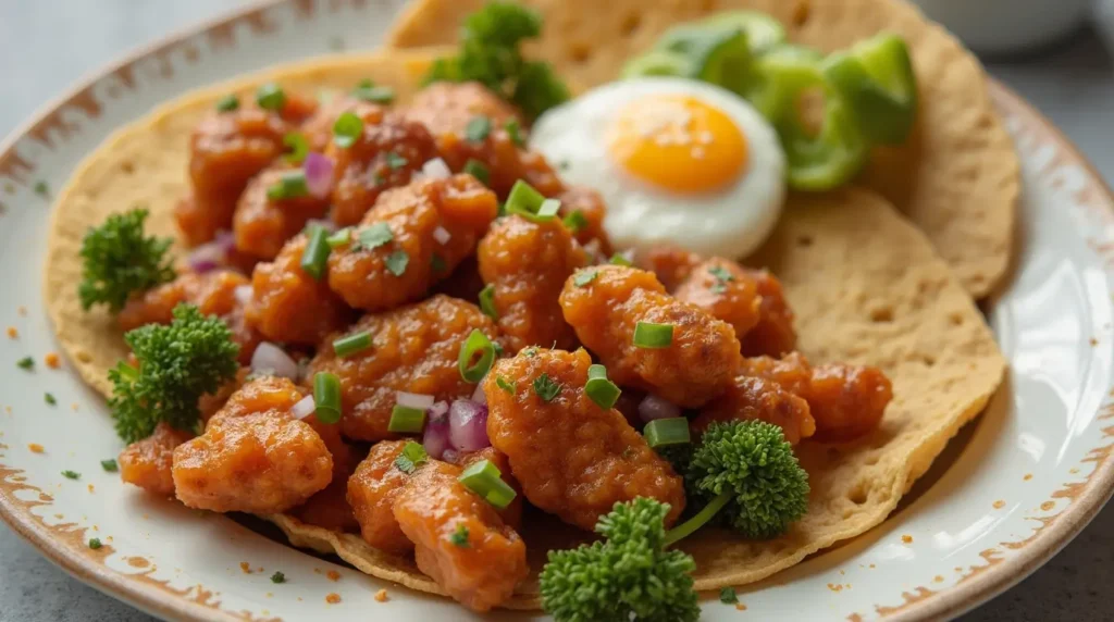  A plate of crispy sauced chicken bites served on tortillas, garnished with fresh herbs, onions, and scallions, accompanied by a sunny-side-up egg and sliced green peppers